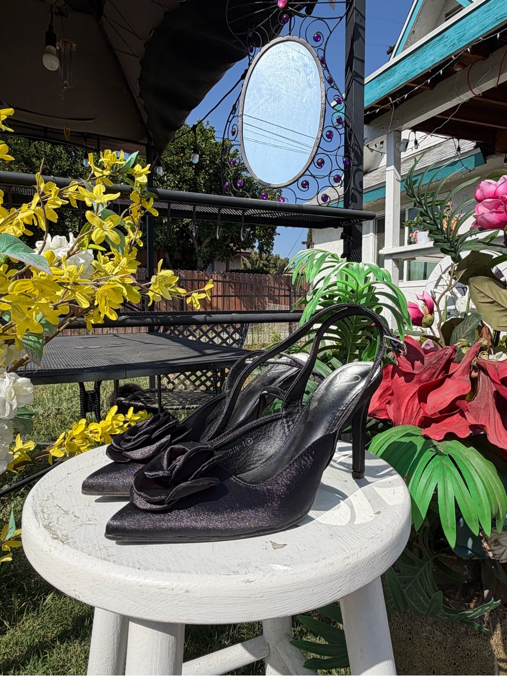 Othr Black Satin Slingback Heels with Rosette Accent